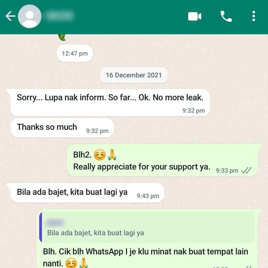 Customer review: bathroom/toilet leakage coating service Penang