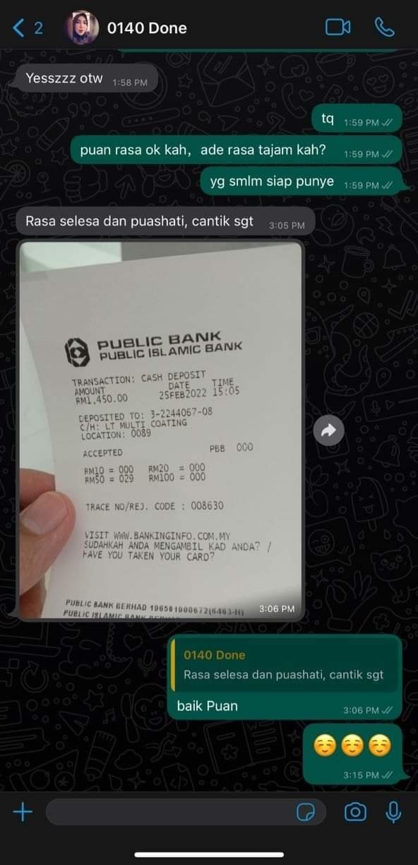 Customer feedback: clean & fast coating work in Penang